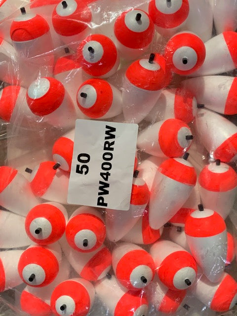 Comal 4" Pear Weighted Peg Floats 50 Pack Red/White