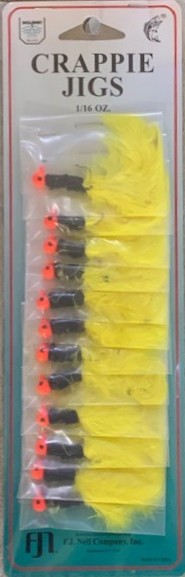 FJ Neil Crappie Jigs 1/16 Card of 12 Red/Blk/Yellow 160-RBY